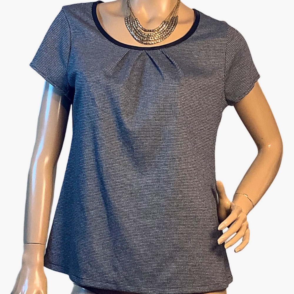 Women's Black and White Houndstooth Knit Top with Faux Leather Trim